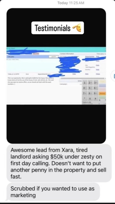 Screenshot: real lead result from Xara, a tired landlord offering $50k under asking on the first day of calling