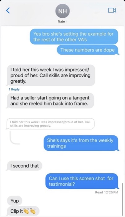Screenshot: iMessage testimonial from client Nate about his remote professional's performance